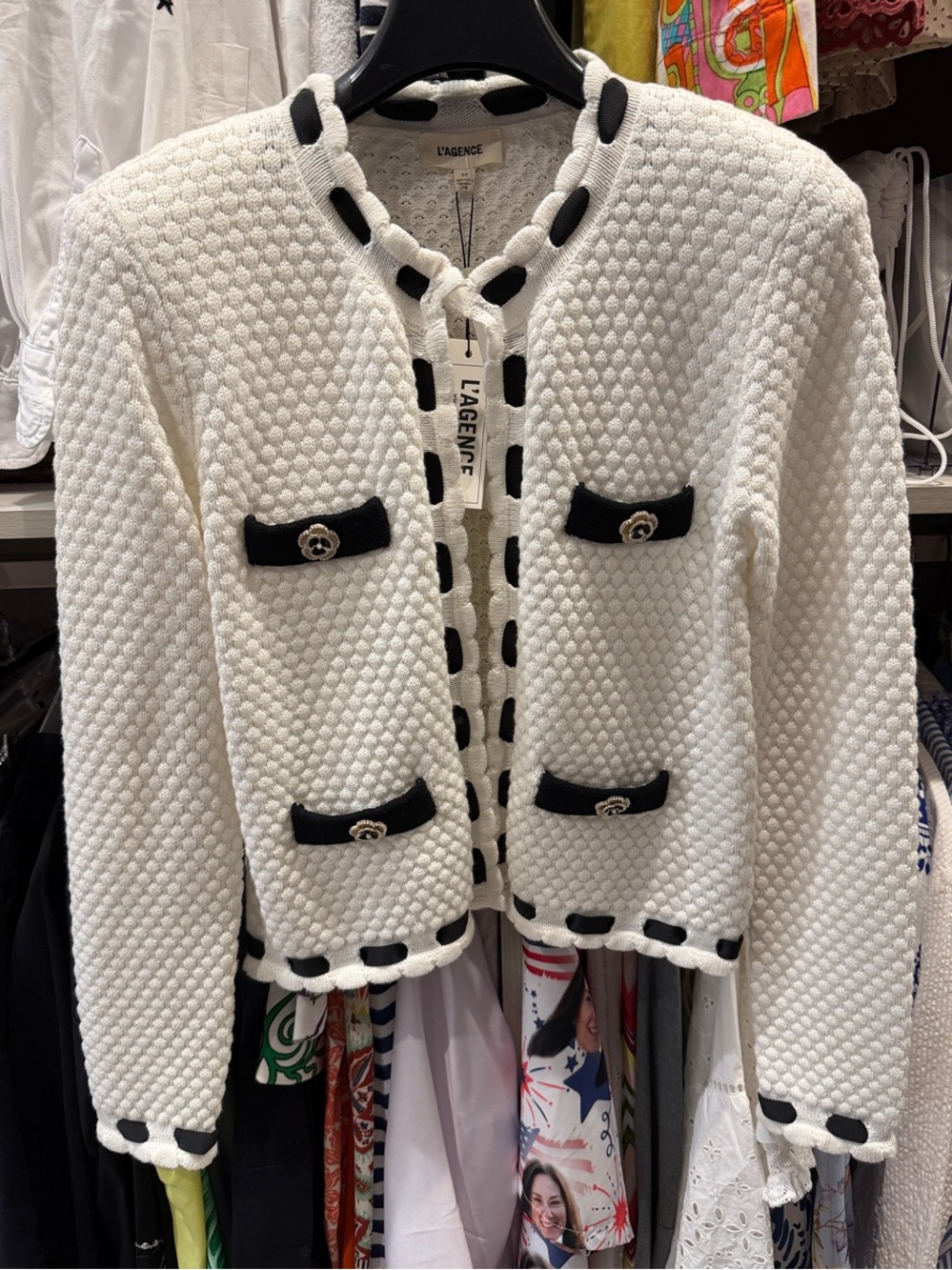 L'AGENCE White Astor Knit Jacket with Black Trim NEW NWT Sz Small
